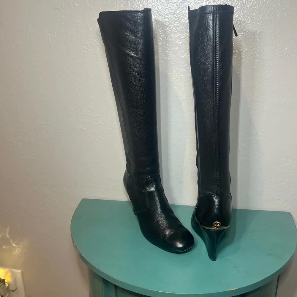 Tory Burch Black Over the Knee Boots with Gold Detail